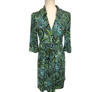 Lily Pulitzer Dress Women 8 Green Paisley Leopard Boho Wrap Midi Eclectic Animal